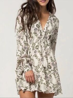 Free People Ivory Stealing Fire Peasant Mini Dress Green Floral